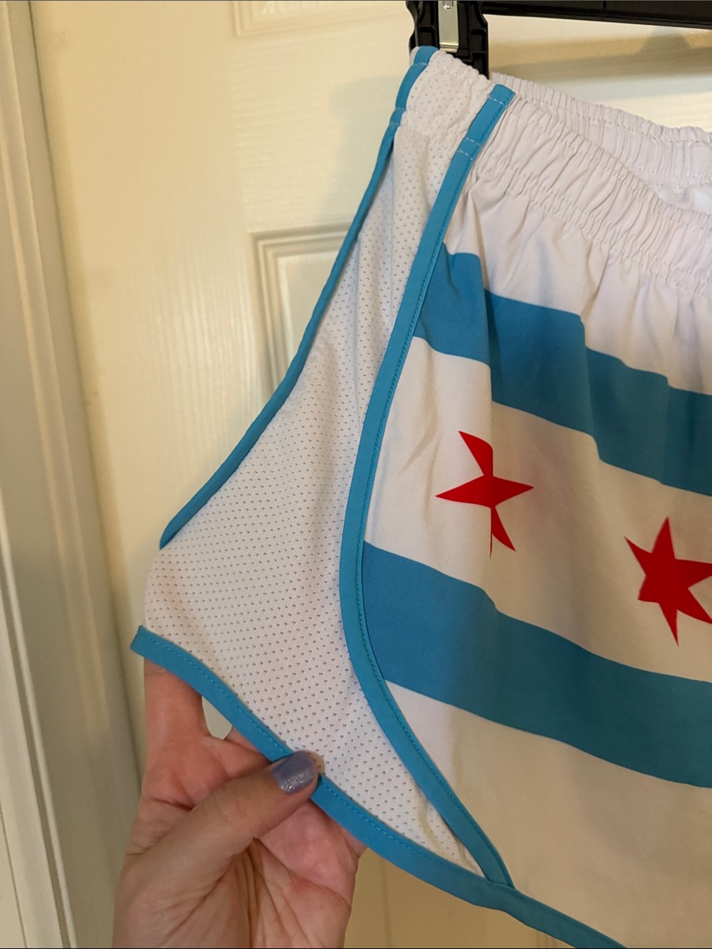 Women’s White Athletic Shorts with Chicago Flag - Picture 2 of 6